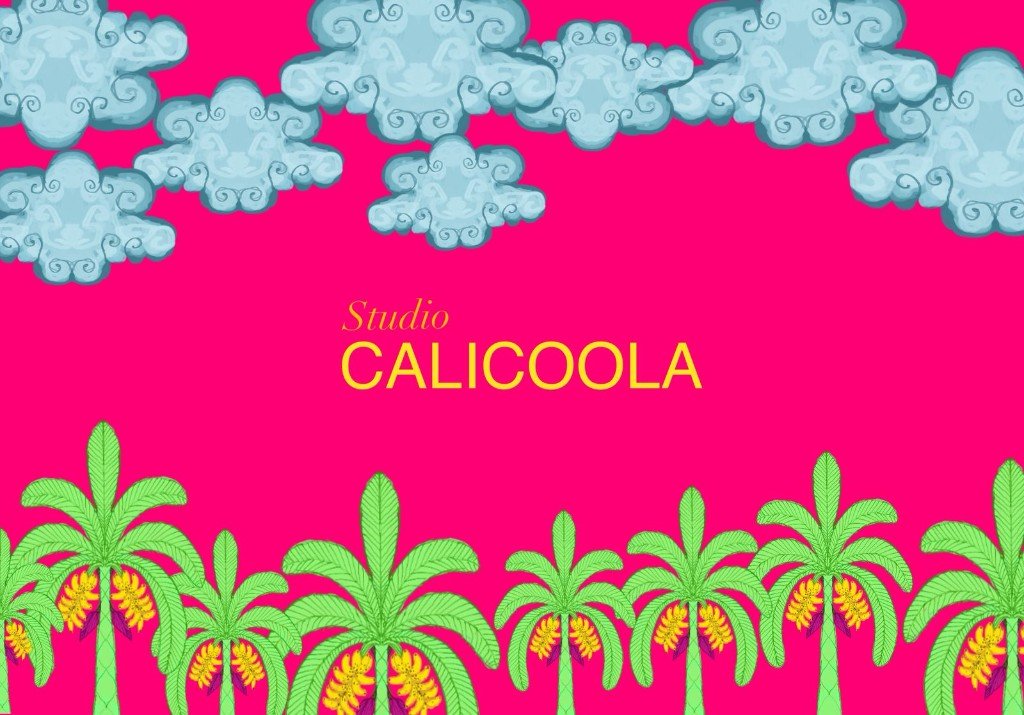 Studio CALICOOLA brand artwork with tribal clouds and palm grove